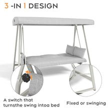 3 in 1 Patio Swing Bed w/Adjustable Canopy for Garden, Outdoor Hanging Swing Bench w/4" Thick Cushion & Metal Frame for Deck, Convertible Porch Swing Sofa w/Stand for Balcony