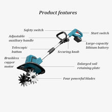 Cordless Electric Tiller for Gardening, Brushless Motor, Long Battery Life, Electric Tiller for Orchard and Vegetable Plots