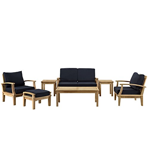 Modway Marina Premium Grade A Teak Wood 7-Piece Outdoor Patio Furniture Set in Natural Navy