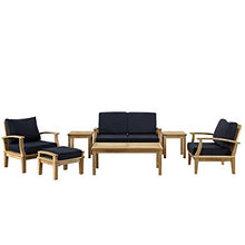 Modway Marina Premium Grade A Teak Wood 7-Piece Outdoor Patio Furniture Set in Natural Navy