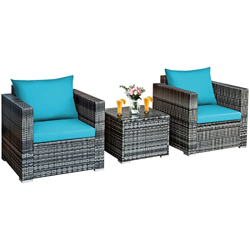 3 PC Patio Rattan Furniture Bistro Set Cushioned Sofa Chair Turquoise Single Sofa Coffee Table