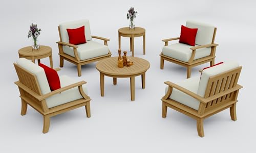 WholesaleTeak Teak Wood 7 Pc Lounge Chair Set: 4 Lounge Chairs, Round Coffee Table & 2 Round Side Tables with Cushions in Outdoor Fabric #5404 Canvas Natural