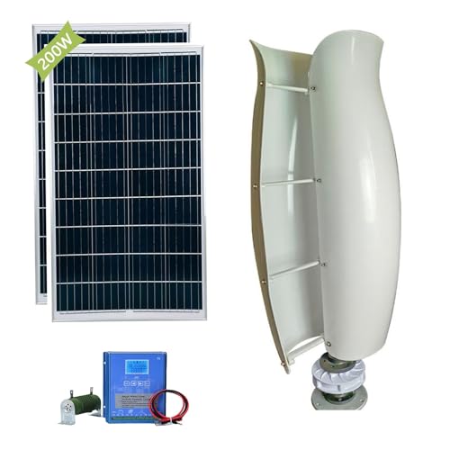 OLONETO 3KW Wind Turbine Generator Kit 12V 24V 48V Free Energy Windmill Vertical Axis Wind Turbine + 2 * 100W Photovoltaic Panels Breeze Start Wind and Solar Hybrid Power Generation System(White,12V)