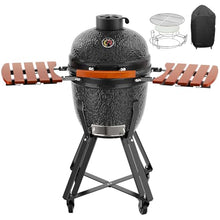 HAUSVITA 18‘’ Ceramic Grill, Portable Camping Grill with Cart and Side Shelves, Tabletop Barbecue Grill for Home Party and Outdoor Backyard Cooking, Black