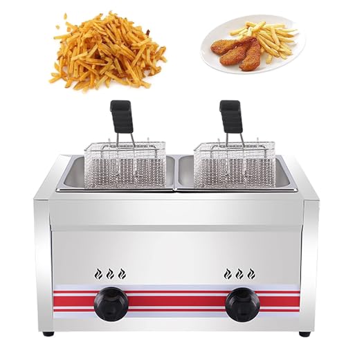 XLTEAM 20L Large Capacity Gas Fryer, Commercial LPG Fryer, Stainless Steel Gas Fryer with Baskets and Lids, Adjustable Firepower, for Chips Donuts Fish, Easy Clea