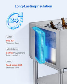VEVOR Commercial Ice Bin, 100.7 Qt Max Capacity, 36 x 19 x 35 Inch Stainless Steel Ice Chest with Sliding Lid and Bottle Holders, Cooler Cart Cocktail Unit for Bar Restaurant Pub, NSF Certified