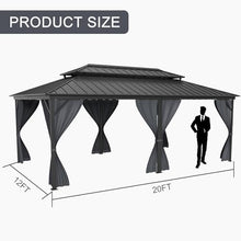 GarveeLife 12x20ft Permanent Hardtop Gazebo with Double Roof, Netting & Curtains, Grey