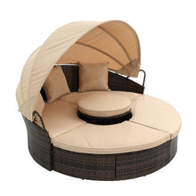 BAIESTWANG Outdoor Rattan Round Daybed with Canopy, Bali Patio Lounge Sofa Bed with Lift Coffee Table, 4-Piece Clamshell Sectional Seating, Removable Washable Cushions Beige