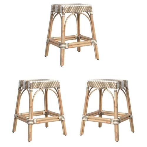 Home Square Rattan Counter Stool in Tan & White Stripe - Set of 3
