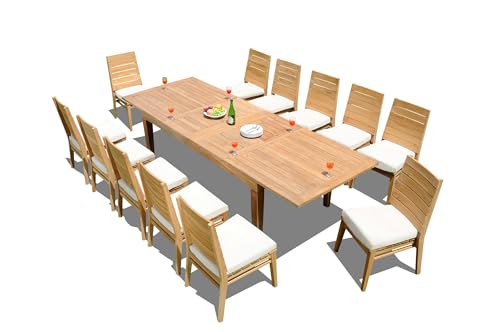 TeakStation 12 Seater Grade-A Teak Wood 13 Pc Dining Set: 122" Caranas Double Extension Rectangle Table and 12 Charleston Stacking Armless Chairs #31CL2900