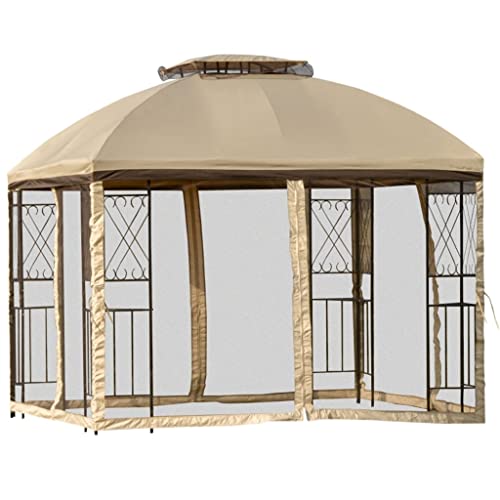 10' X Outdoor Patio Gazebo Canopy with Tier Roof, Removable Mesh Curtains, Display Shelves, Brown(E)