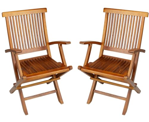 TeakCraft Teak Folding Arm Chair - 2 Piece Foldable Chairs Set - Fully Assembled - Solid Wooden Outdoor, Indoor- Wood Dining Room, Kitchen, Patio, Bistro Chairs, The Mille