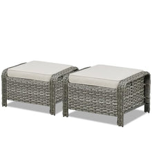 Seeheool Outdoor PE Wicker Ottomans Set of 2, Patio Gray Rattan Footrests with Beige Cushion for Backyard or Deck