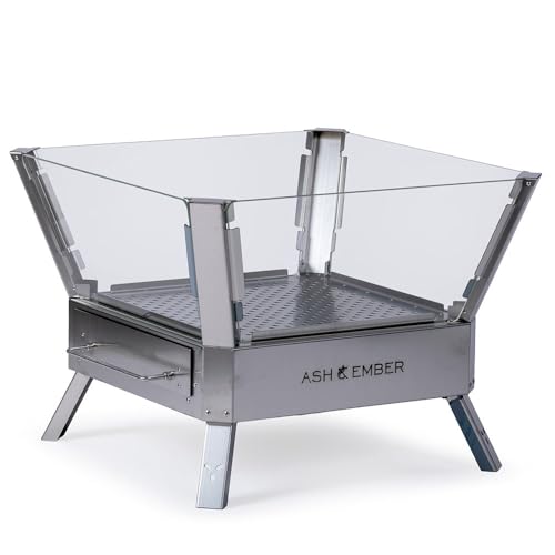 Ash & Ember Stainless Steel Glass Fire Pit, Modern Outdoor Wood Burning Fire Pit with Heat-Resistant Microcrystalline Glass Panels, Removable Ash Drawer, Contemporary Fire Pit with Glass Wind Guard