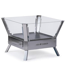 Ash & Ember Stainless Steel Glass Fire Pit, Modern Outdoor Wood Burning Fire Pit with Heat-Resistant Microcrystalline Glass Panels, Removable Ash Drawer, Contemporary Fire Pit with Glass Wind Guard