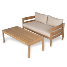 Christopher Knight Home Kayim Patio Loveseat Coffee Table Set with Curved Arm and Backrest, Acacia Wood Conversation Sofa Chat Set, Outdoor Furniture Set for Backyard Deck, Light Teak+Beige