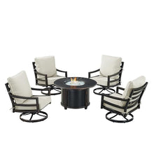 Oakland Living Black Aluminum Patio Fire Table Set with Four Club Chairs with Light Grey Cushions
