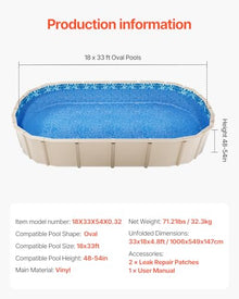 VEVOR 18-Foot-by-33-Foot Oval Pool Liner for Overlap Above Ground Swimming Pools, 48-to-54inch Wall Height, Durable Standard Gauge Vinyl