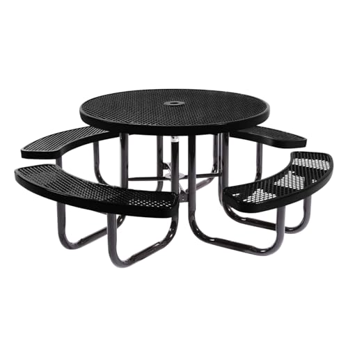 Coated Outdoor Furniture Heavy-Duty Portable Outdoor Picnic Table with Umbrella Hole, Expanded Metal Commercial-Grade Patio Dining Furniture Made in America (46" Round Top, Textured Black)