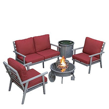 LeisureMod Walbrooke Modern Aluminum 5-Piece Patio Conversation Set with Fire Pit Table Red