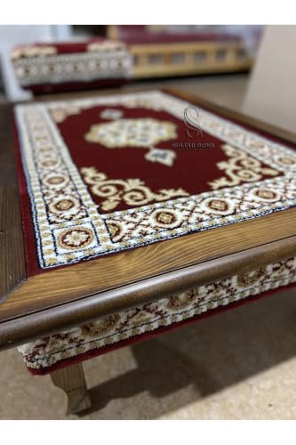 SODEF Seljuk Floor Table 35.4x23.6 in Wood and Carpet with Glass Top, Red - Traditional Accent Furniture for Living Room, Balcony, or Garden - Red