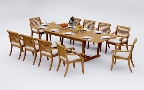 WholesaleTeak 12 Seats 13 Pcs Grade-A Teak Wood Dining Set: 118" Double Extension Mas Rectangle Trestle Leg Table and 12 Arbor Stacking Arm Chairs #11AB2512