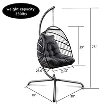 Hanging Swing Egg Chair with Stand, Indoor Outdoor Wicker Rattan Patio Basket Hanging Chair, Metal Frame Hammock Chair Cushion and Pillow, Patio Wicker Folding Hanging Chair, 350LBS Capacity