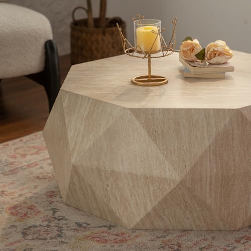 Modern Farmhouse Drum Coffee Table, Round Wooden Center Table with Fir Wood Top, No Assembly Required, Rustic Farmhouse Coffee Table for Living Room, Dining Room & Office