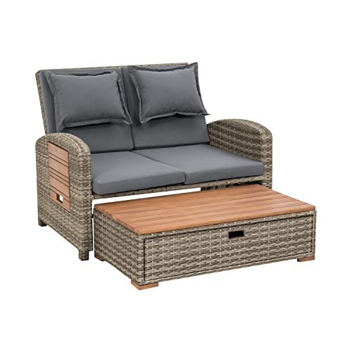 Greemotion Bahia Tobago Patio Daybed Loveseat with Storage Ottoman and Adjustable Cushions Brown/Dark Gray