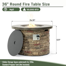 Round Propane Fire Pit Table with Lid, 50000 BTU Outdoor Heating Table, Concrete Stone Style Patio Fireplace, Hidden Tank Holder, Electronic Ignition, Stainless Steel Burner, Rain Cover