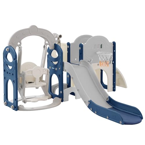 KOZYSFLER 8-in-1 Toddler Slide and Swing Set with Basketball Hoop Grey/Blue/White