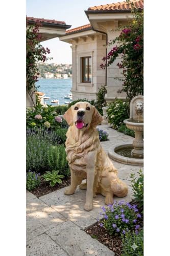SODEF Large Golden Retriever Dog Statue 20.5 x 14.2 inches for Outdoor Garden Balcony Villa Decoration Hand-Painted 1st Quality Polyester Weather-Resistant - Beige