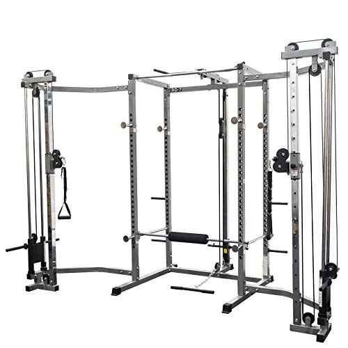 Valor Fitness Power Rack with LAT Pull & Cable Crossover Attachments - Full Body Workout - Plate Loaded Exercise Equipment