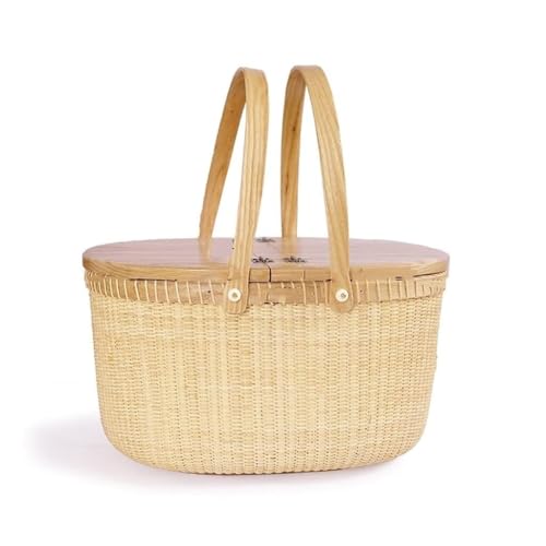 Exquisite Handmade Rattan Picnic Basket with Solid Wood Lid, Large-Capacity Portable Picnic Basket for Outdoor & Household Use (Black Walnut, 15" x 11" x 8.5")(White Cork) (White Cork 15*11*8.5in)