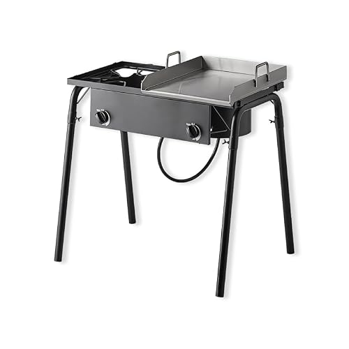 Griddle Plate 15" Gas Stove 32" with Hose Guard, Steel Heavy Duty Double Burner Outdoor Patio Stove, Tank Cooker Perfect for Deep Frying or Steaming, Turkey Fry, Catered Events, Range - 150,000BTU