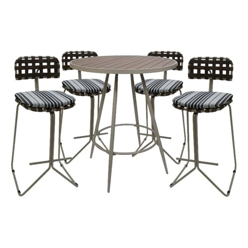 Pemberly Row Outdoor Indoor Metal Pub Set, 30 in Bar Height Stool, Powder-Coated Beige Frame, UV-Resistant Gray Fabric, Durable Armless Design, Patio, Deck, Porch Bar Seating