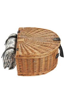 4-Person Handwoven Wicker Picnic Basket Set with Tree Pattern, Includes Plates, Glasses, Cutlery, Napkins, and Water-Resistant Blanket - Oval Shape - Kahve rengi ve Beyaz