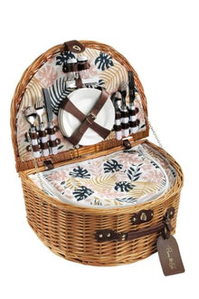 Handmade Wicker Picnic Basket Set for 4 People with Insulated Compartment, Leaf Pattern, Oval Shape 19 x 14.2 x 8.3 inches - Brown and Pink