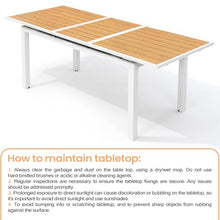 VredHom Outdoor Dining Table, 63"-83" Patio Extendable Dining Table with Brown Wooden-Like Top and White Aluminum Frame, Rectangular Table Outdoor Furniture