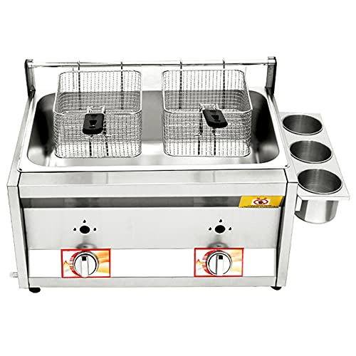 Commercial Gas Fryer With Seasoning Box And Lid, Outdoor Stainless Steel Stove, Fryer With French Fries For French Fries Restaurant Home Kitchen,12L+2Xfryer Basket