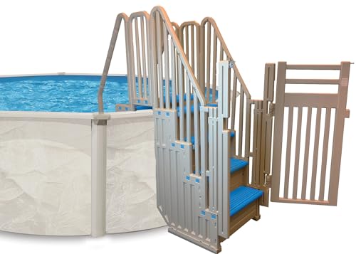 Confer Plastics Step Enclosure System: Above Ground Entry System, Dual Handrails, Slip-Resistant Steps, Supports 400 lbs, Easy Install – Made in USA, Warm Grey with Blue Step-1X Treads