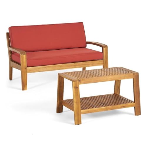 Christopher Knight Home Grenada Outdoor Acacia Wood Loveseat and Coffee Table Set with Water Resistant Cushions, Teak Finish / Red
