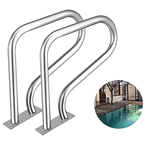 Swimming Pool Ramp Handrails 304 Stainless Steel Non-Slip Grab Ladder 3 Bend Flange Swimming Pool Rails Silver Non-Slip Belt Base (2PCS)
