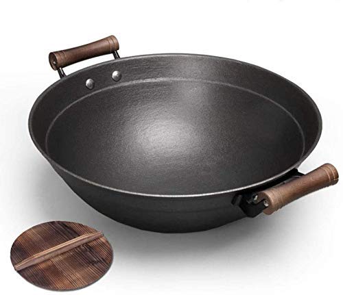 Picnic Bag Wok Wok Made of cast Iron with Two Handles, Traditional Double Ear Wok Round Bottom Uncoated Household Wok, Wok Dicker Cast Iron with Wooden lid,40CM