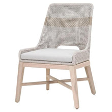 MAKLAINE Transitional Outdoor Dining Chairs, Set of 2, Gray Teak Wood Frame, Taupe and White All-Weather Fabric Cushions, Rope Pattern Seat Back, 34.5" H x 24.75" W x 23.5" D, Patio Seating