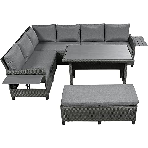 Merax 5-Piece Outdoor Patio Furniture Set, All Weather Sectional PE Rattan Sofa with Dining Table and Bench, Grey