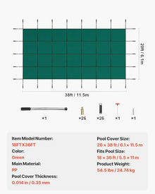 VEVOR Pool Safety Cover 18' x 36' Rectangle, Safety Pool Covers Green Mesh, 15-Year Warranty, Triple Stitched, MAX Strength Winter Safety Cover for Children & Pets