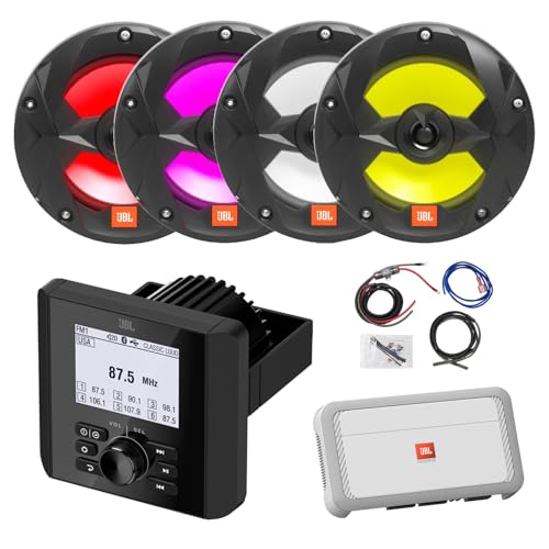 Enrock Marine Bluetooth AM/FM Radio Digital Media Receiver with 4x 6.5" 225W Max Multicolor LED Boat Speakers and Amplifier