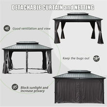 LOPOO Hardtop Gazebo with Curtains & Netting - Aluminum Frame Pavilion with Steel Double Roof Canopy for Patio, Backyard, Lawn, Garden - Brown 12ft x 16ft
