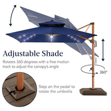 Best Choice Products 10ft Square Cantilever Patio Umbrella w/Base Included, Woodgrain Pattern Pole & Solar LED Lights, 360-Rotation, Offset Hanging Outdoor Shade - Navy Blue